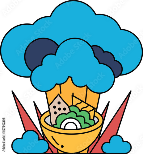 A bowl of food is shown with a cloud in the background
