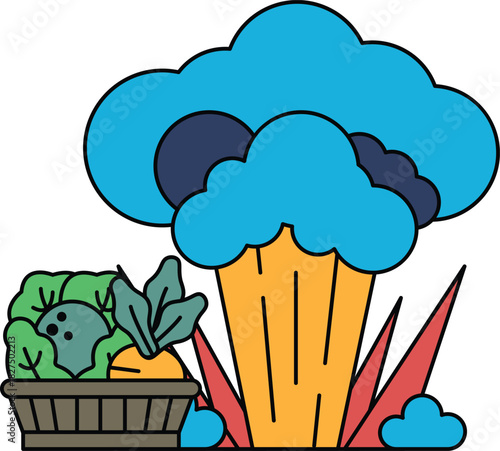A basket of vegetables is shown next to a cloud