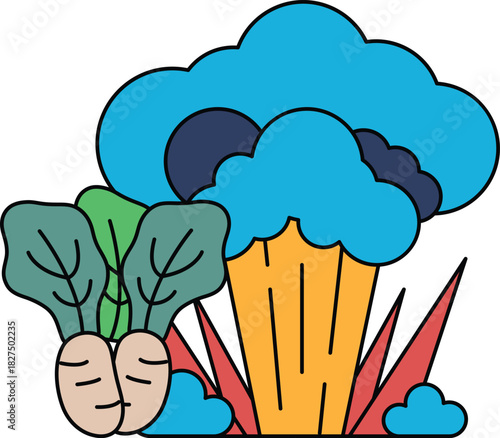 A drawing of a vegetable garden with a cloud in the background