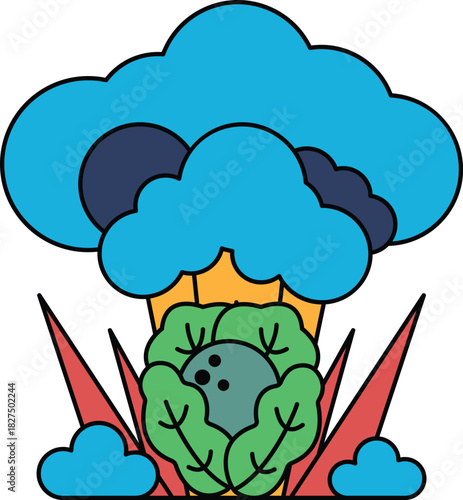 A white and black drawing of a broccoli with a bowling ball in it