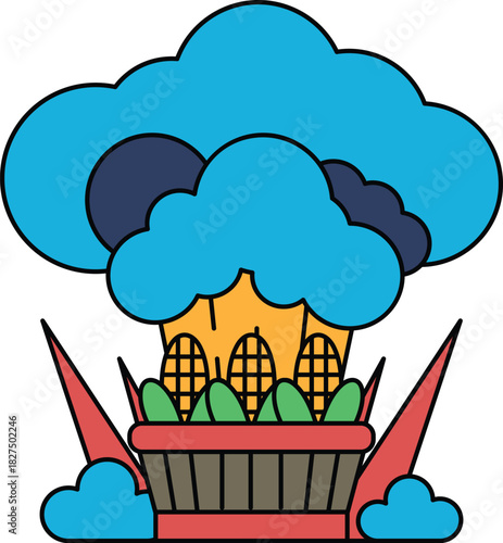 A cartoon of a basket of corn and a cloud of smoke