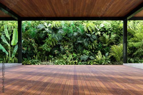Luxury modern outdoor living space with a large, lush green vertical garden living wall and a dark wooden ceiling and floor. Ideal for architecture, biophilic design, and tranquility concepts. 3d rend