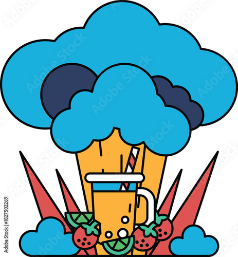 A drawing of a cloud with a cup of ice cream and a straw in it
