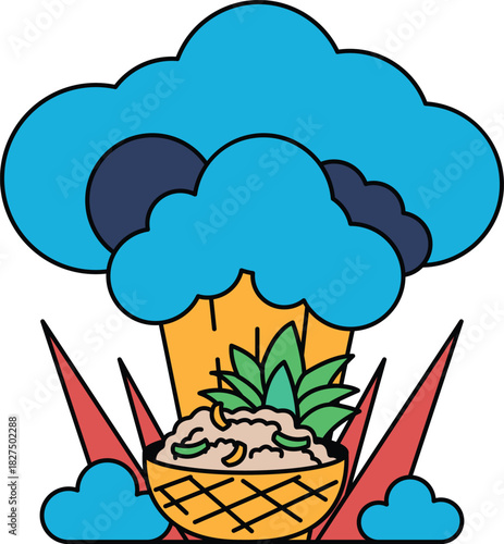 A white and black drawing of a cloud with a pineapple in the middle