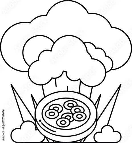 A white and black drawing of a pot of food with a cloud of smoke coming out