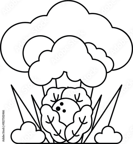 A white and black drawing of a broccoli with a bowling ball in it