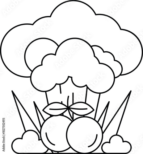 A white drawing of a cloud with a bunch of fruit in it