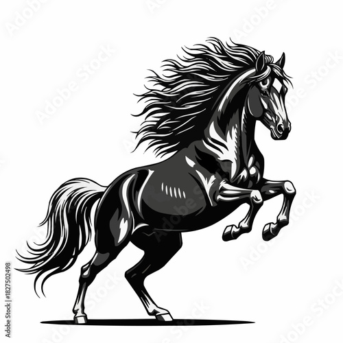 Majestic black horse rearing up with flowing mane and tail in dynamic pose.