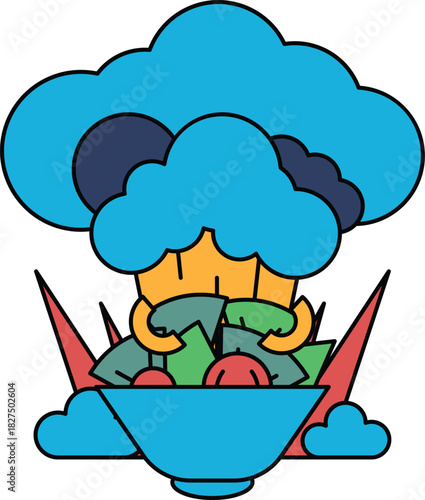 A bowl of food with a cloud of smoke above it