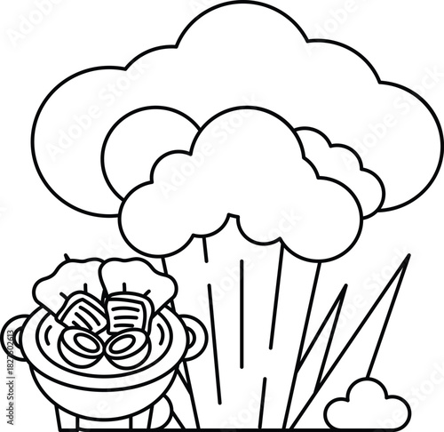 A picture of a cloud with a pot of food on top of it