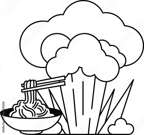 A bowl of noodles with chopsticks in it is being eaten by a person