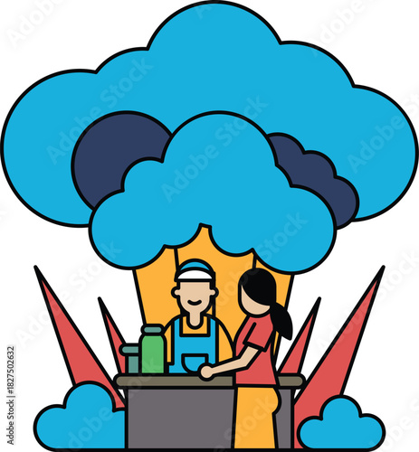 A man and a woman are shaking hands in front of a large cloud