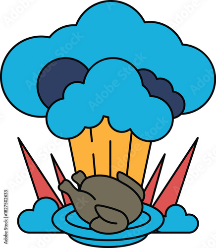 A black and white drawing of a chicken on a plate with a cloud in the background