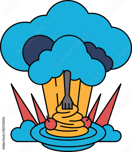 A plate of food with a fork on it is surrounded by a cloud of smoke