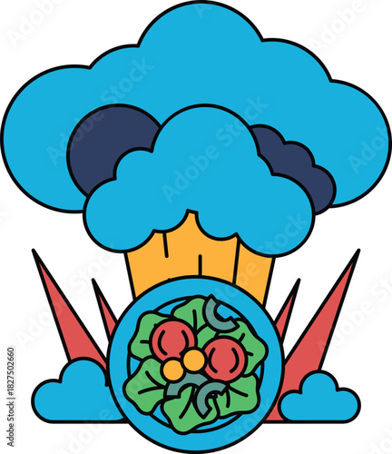 A white and black drawing of a plate of food with a cloud in the background