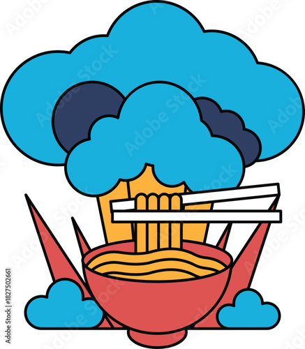 A drawing of a bowl of noodles with chopsticks and a cloud in the background