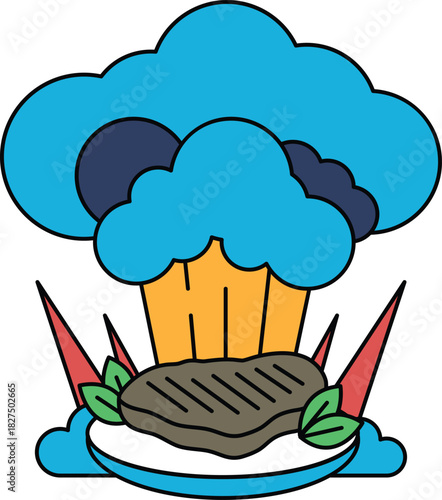 A black and white drawing of a burger with a cloud of smoke coming out of it