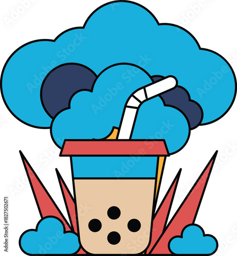 A black and white drawing of a cup of tea with a straw in it