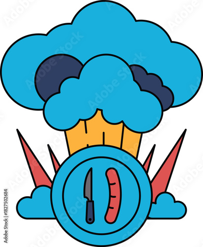 A black and white drawing of a cloud with a knife and a hot dog on top of it