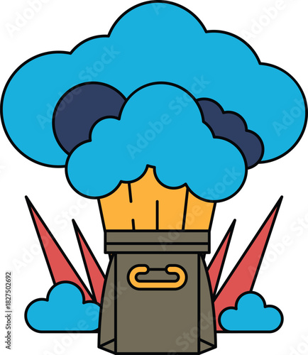 A white and black drawing of a cloud with a bag on top of it