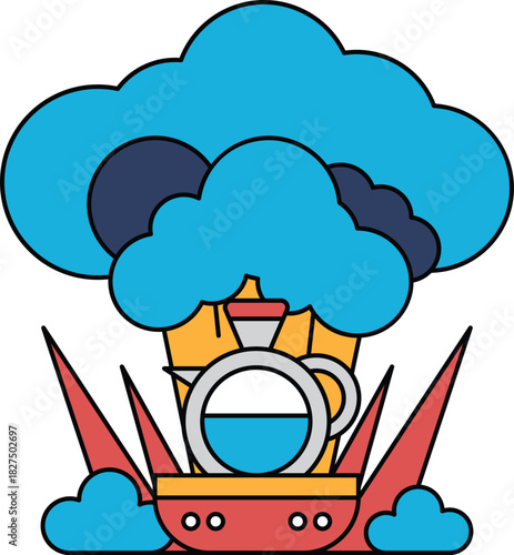 A cartoon drawing of a boat with a teapot on it