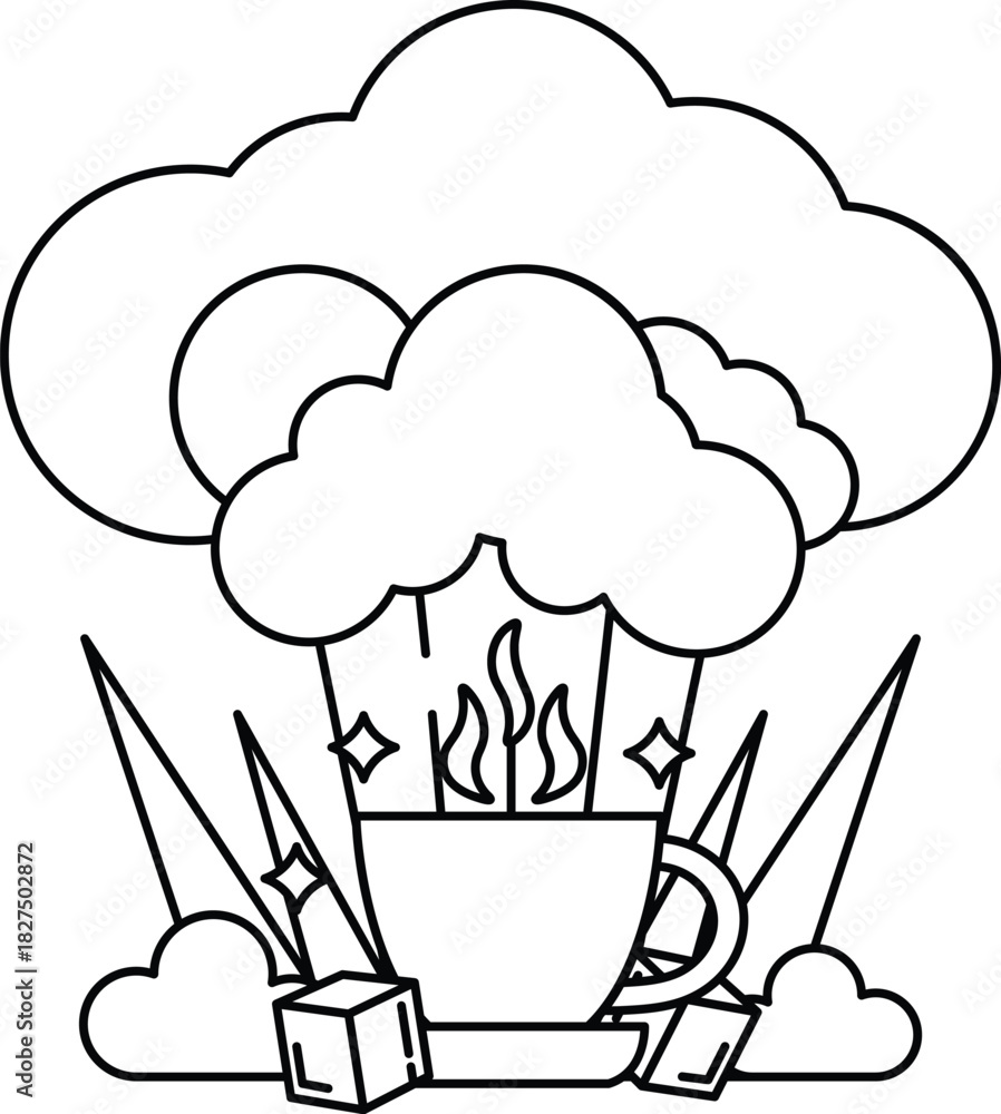 Naklejka premium A black and white drawing of a cup of coffee with steam coming out of it