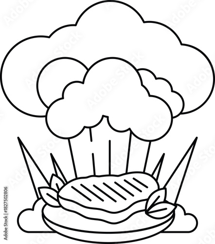 A black and white drawing of a burger with a cloud of smoke coming out of it