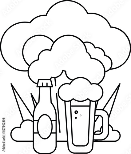 A cartoon of a beer bottle and a glass of beer with a cloud in the background