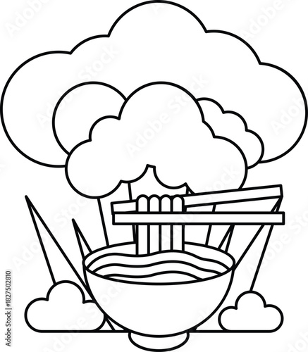 A drawing of a bowl of noodles with chopsticks and a cloud in the background
