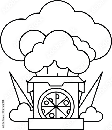 A box with a pizza inside is surrounded by clouds