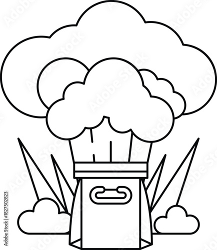 A white and black drawing of a cloud with a bag on top of it