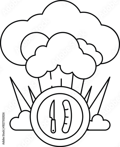 A black and white drawing of a cloud with a knife and a hot dog on top of it