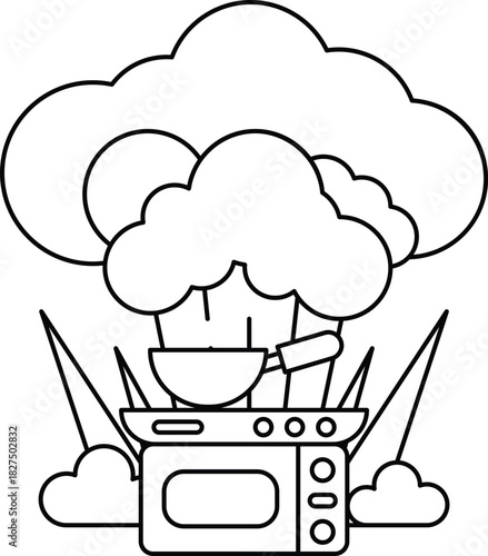 A cartoon of a chef cooking food in a kitchen with a cloud in the background