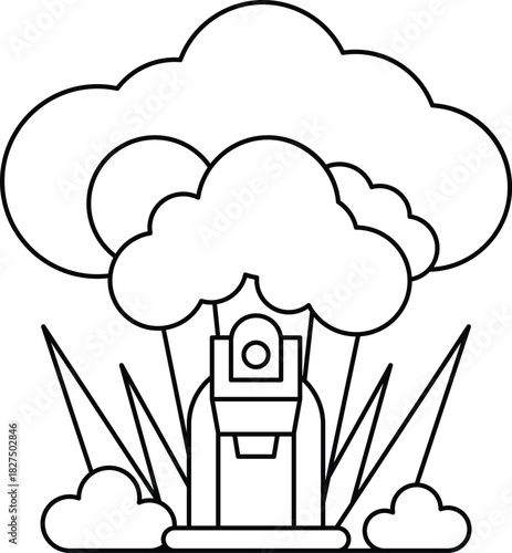 A black and white drawing of a tree with a rocket on top of it
