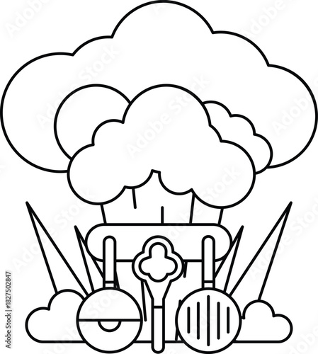 A black and white drawing of a cloud with a chef hat on top of it