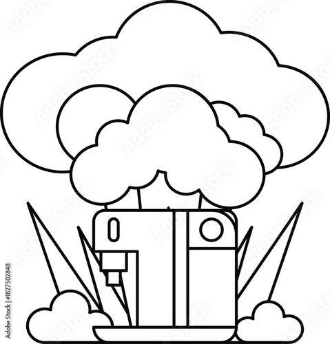 A black and white drawing of a machine with a cloud in the background