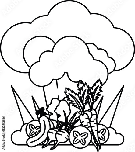 A white and black drawing of a cloud with vegetables on it