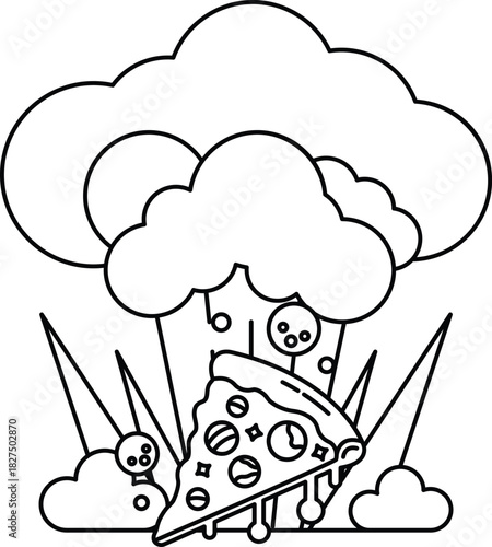 A black and white drawing of a pizza with a cloud of smoke and a mushroom on top