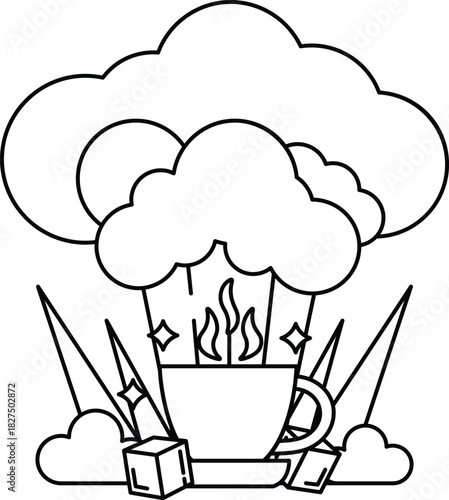 A black and white drawing of a cup of coffee with steam coming out of it