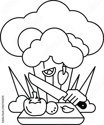 A cartoon of a chef holding a knife and cutting a tree