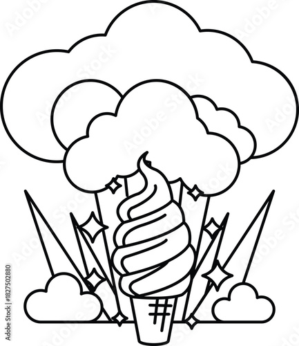 The drawing is in black and white and has a playful, fun mood