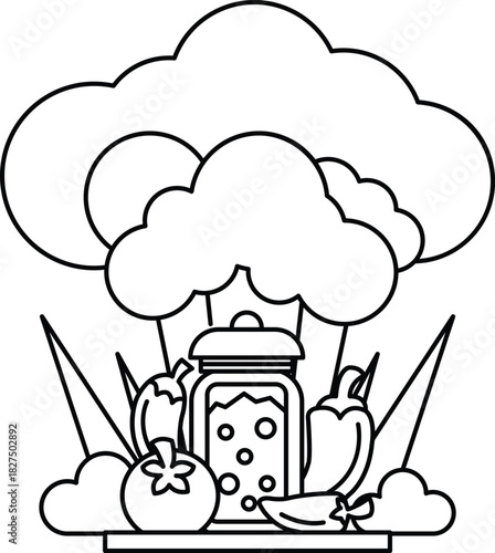 A jar of vegetables is on a table with a cloud in the background