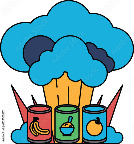 A black and white drawing of three cans of food, including a can of bananas