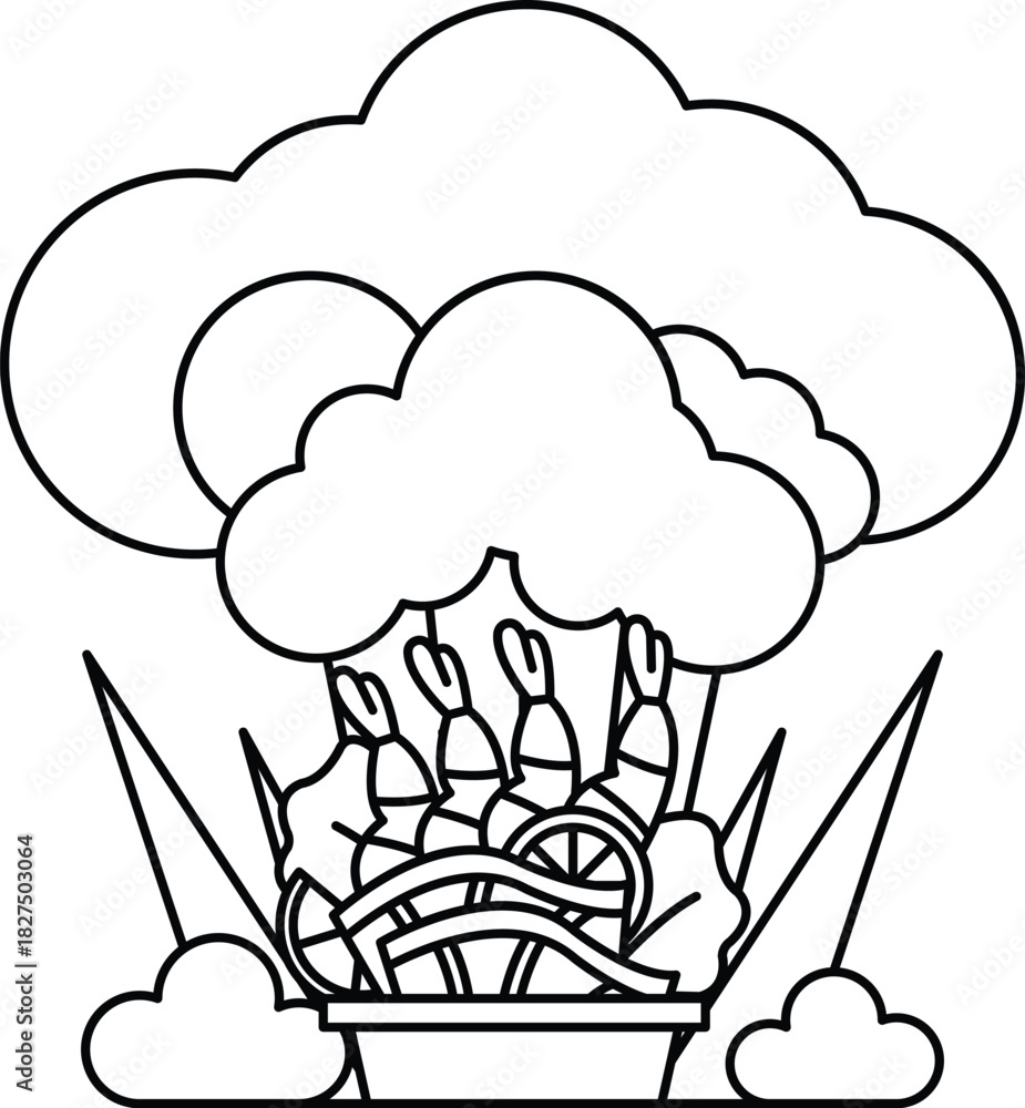 Naklejka premium A white and black drawing of a basket of food with a cloud in the background