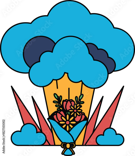 A bouquet of flowers is placed in front of a large cloud