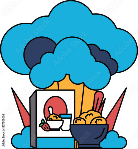 A white and black drawing of a tree with a box of cereal and a bowl of ice cream