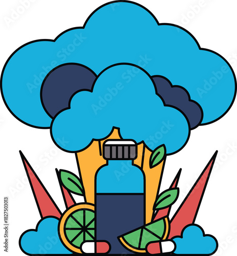 A bottle of juice is surrounded by a cloud of smoke