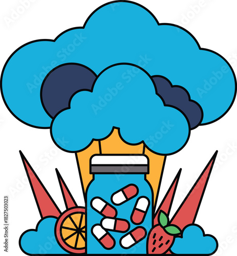 A jar of pills is surrounded by a cloud of smoke