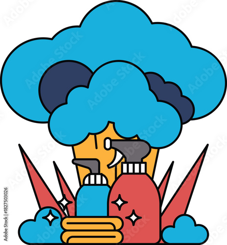 A cartoon of a woman spraying a cleaning solution on a dirty surface