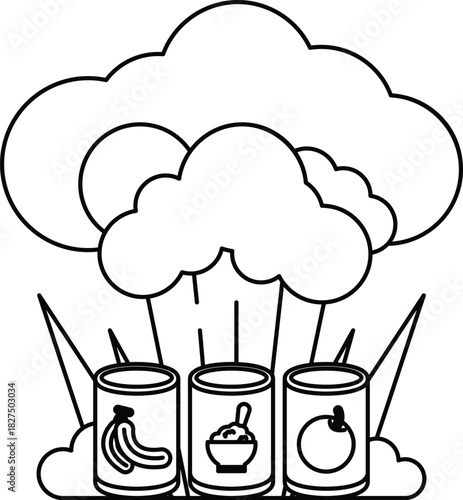 A black and white drawing of three cans of food, including a can of bananas